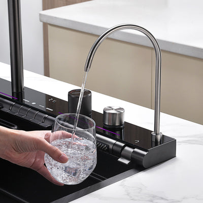Metora 33x22 Inch Waterfall Faucet Kitchen Sink with Digital Temperature Display & LED Lighting-KS2207L