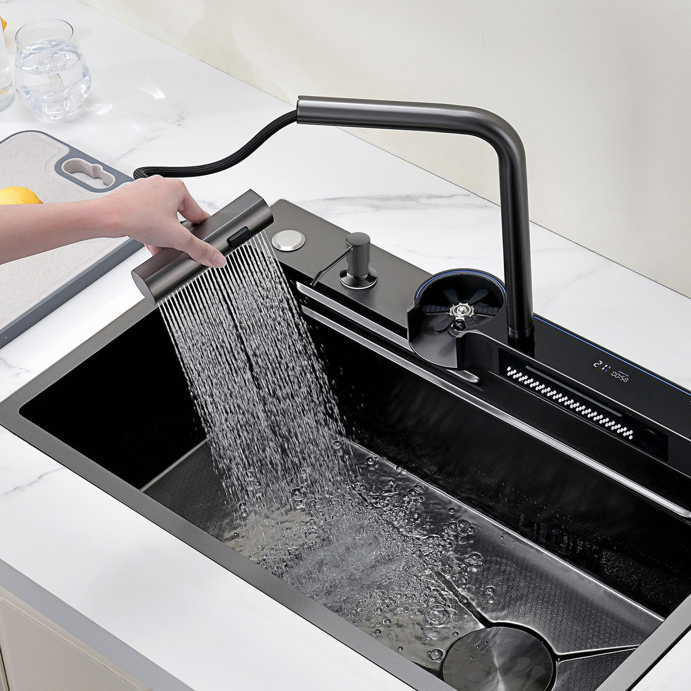 Metora Two Outlets Waterfall Faucet Kitchen Sink with Digital Temperature Display & LED Lighting-KS2208