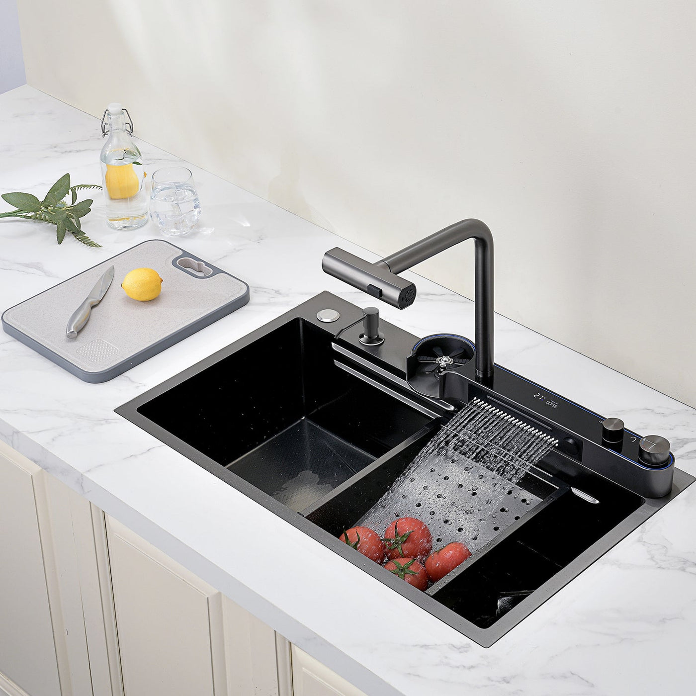 Metora Two Outlets Waterfall Faucet Kitchen Sink with Digital Temperature Display & LED Lighting-KS2208