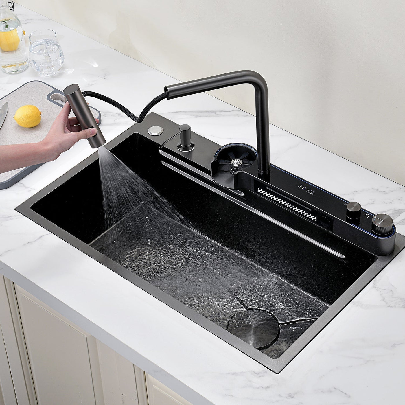 Metora Two Outlets Waterfall Faucet Kitchen Sink with Digital Temperature Display & LED Lighting-KS2208