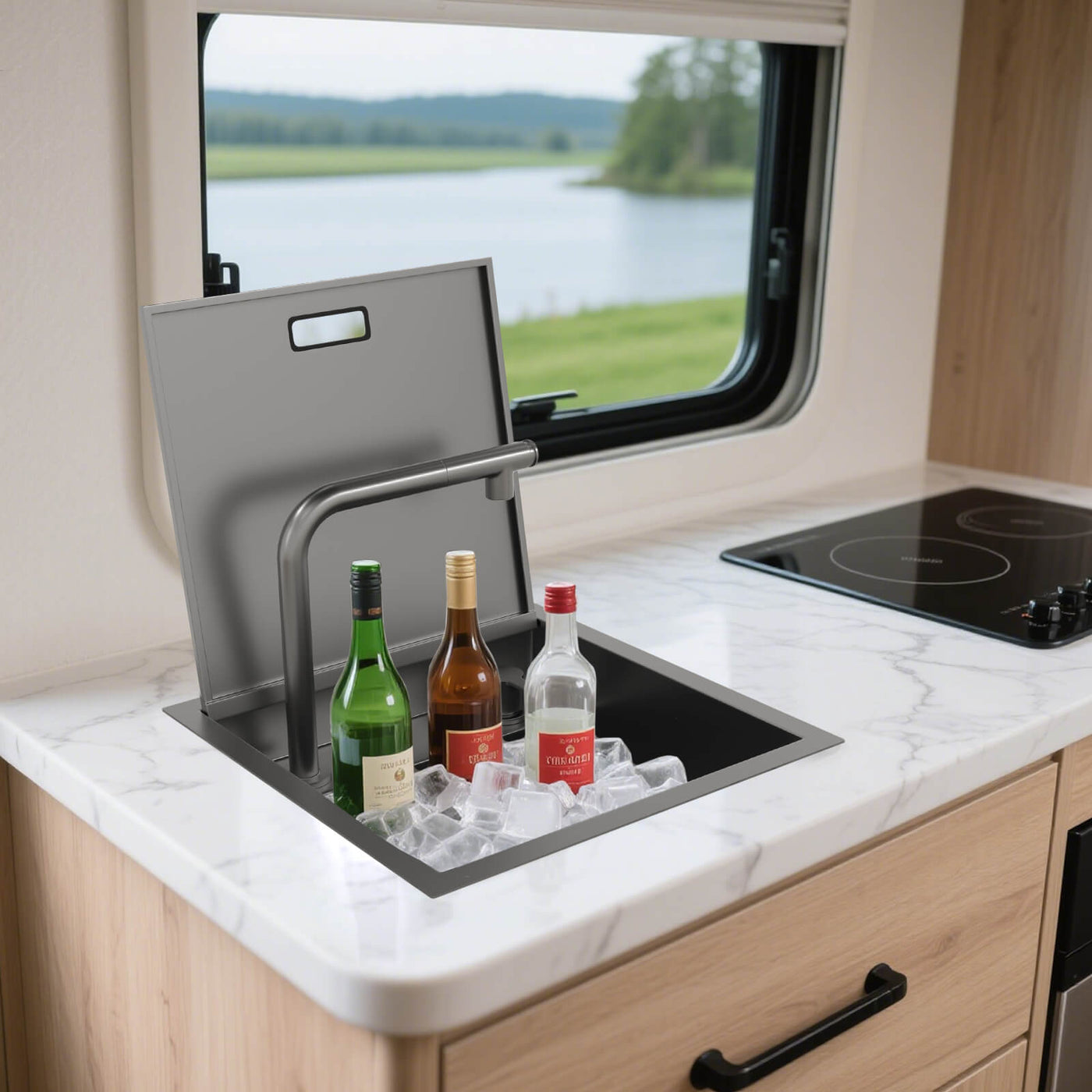 Metora 17"x17" Stainless Steel Concealed RV & Kitchen Bar Workstation Sink with Liftable Pull-Out Faucet and Slow Drop Cover-BS2502