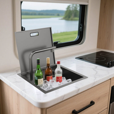 Metora 17"x17" Stainless Steel Concealed RV & Kitchen Bar Workstation Sink with Liftable Pull-Out Faucet and Slow Drop Cover-BS2502