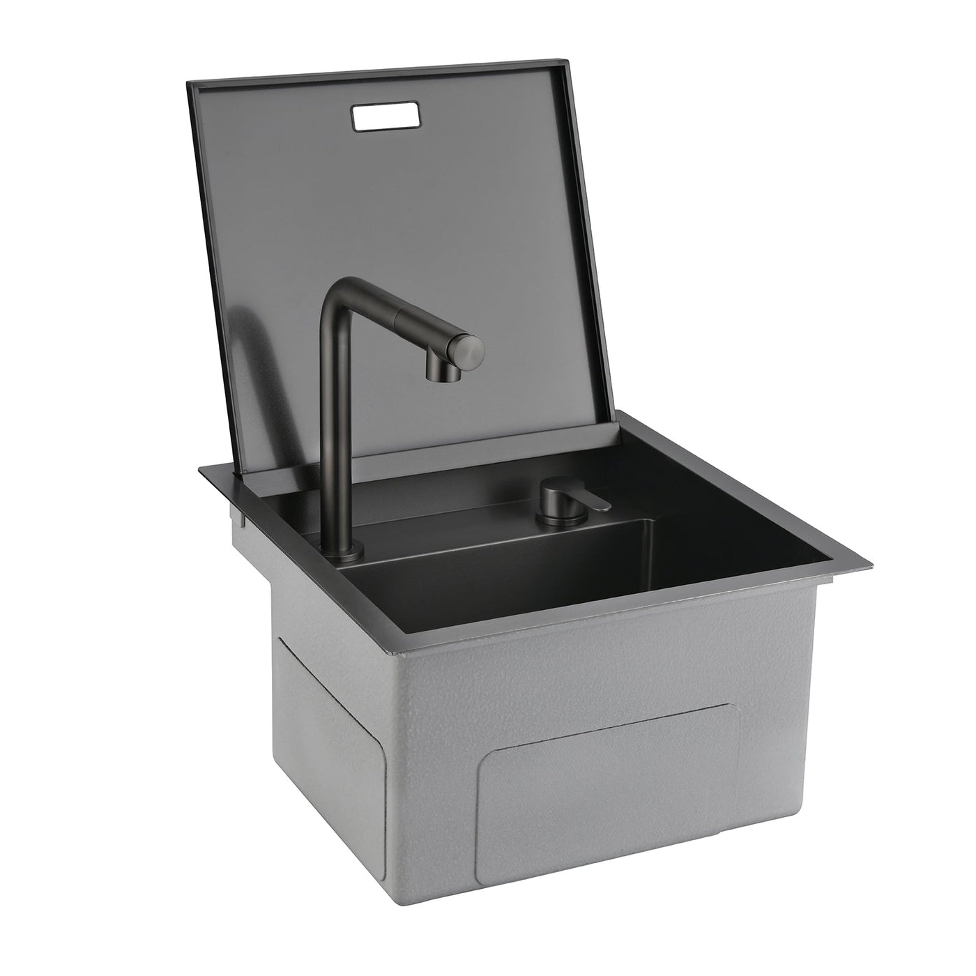 Metora 17"x17" Stainless Steel Concealed RV & Kitchen Bar Workstation Sink with Liftable Pull-Out Faucet and Slow Drop Cover-BS2502