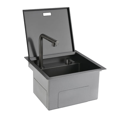 Metora 17"x17" Stainless Steel Concealed RV & Kitchen Bar Workstation Sink with Liftable Pull-Out Faucet and Slow Drop Cover-BS2502