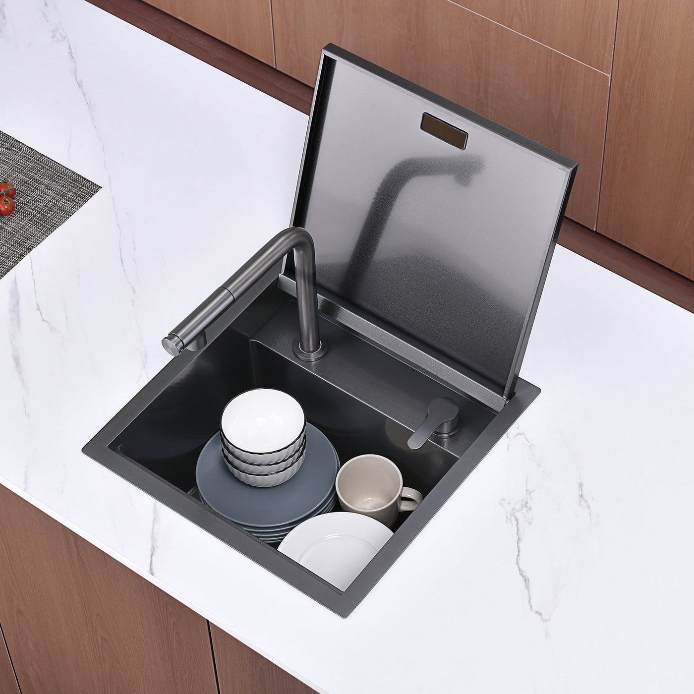 Metora 17"x17" Stainless Steel Concealed RV & Kitchen Bar Workstation Sink with Liftable Pull-Out Faucet and Slow Drop Cover-BS2502