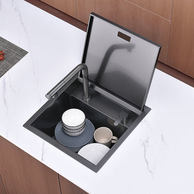 Metora 17"x17" Stainless Steel Concealed RV & Kitchen Bar Workstation Sink with Liftable Pull-Out Faucet and Slow Drop Cover-BS2502