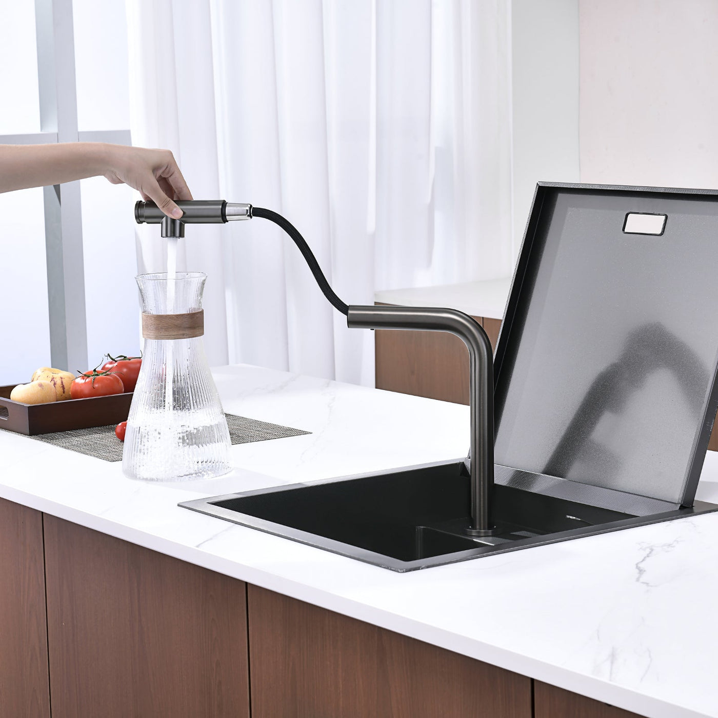 Metora 17"x17" Stainless Steel Concealed RV & Kitchen Bar Workstation Sink with Liftable Pull-Out Faucet and Slow Drop Cover-BS2502