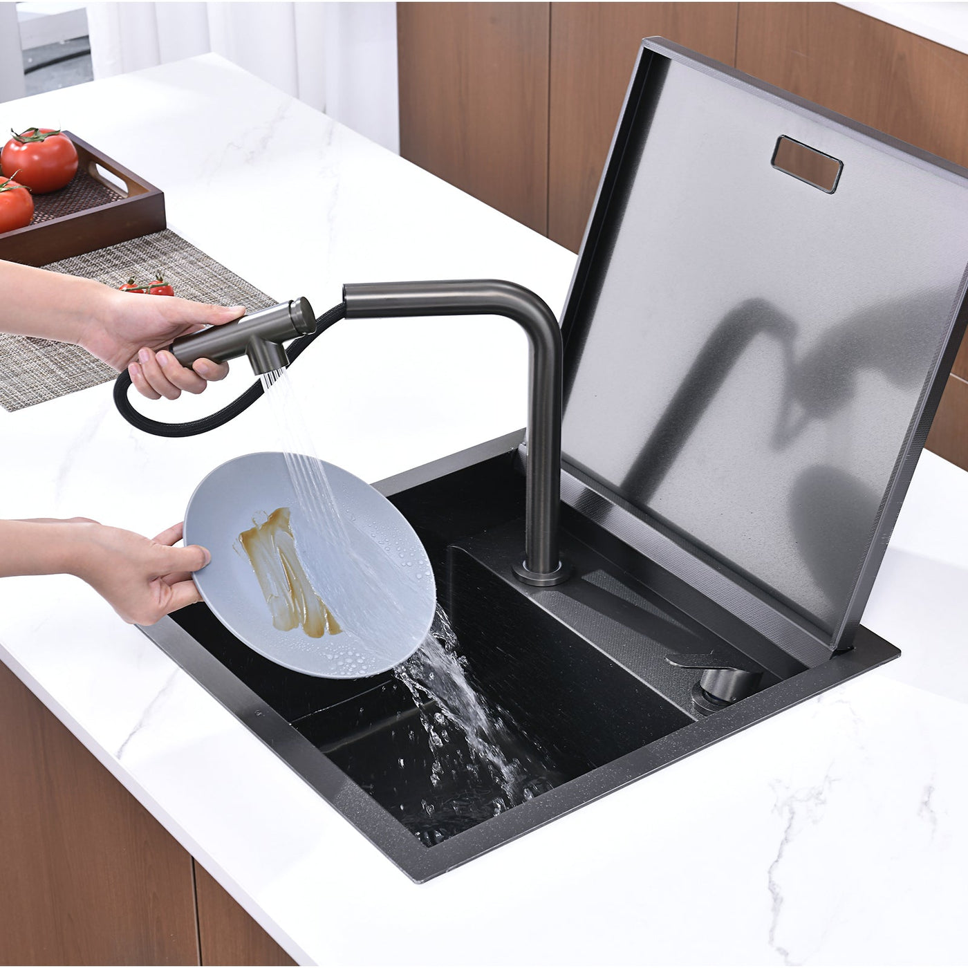 Metora 17"x17" Stainless Steel Concealed RV & Kitchen Bar Workstation Sink with Liftable Pull-Out Faucet and Slow Drop Cover-BS2502