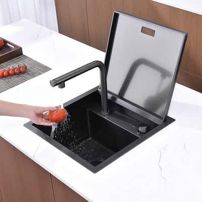 Metora 17"x17" Stainless Steel Concealed RV & Kitchen Bar Workstation Sink with Liftable Pull-Out Faucet and Slow Drop Cover-BS2502