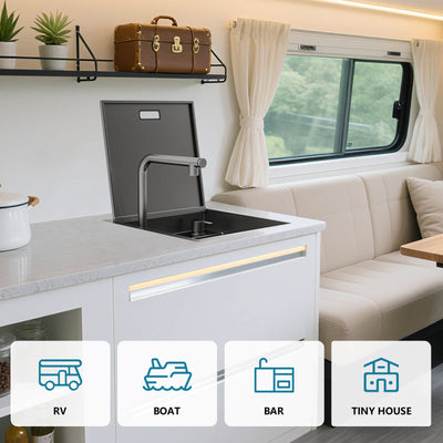 Metora 17"x17" Stainless Steel Concealed RV & Kitchen Bar Workstation Sink with Liftable Pull-Out Faucet and Slow Drop Cover-BS2502