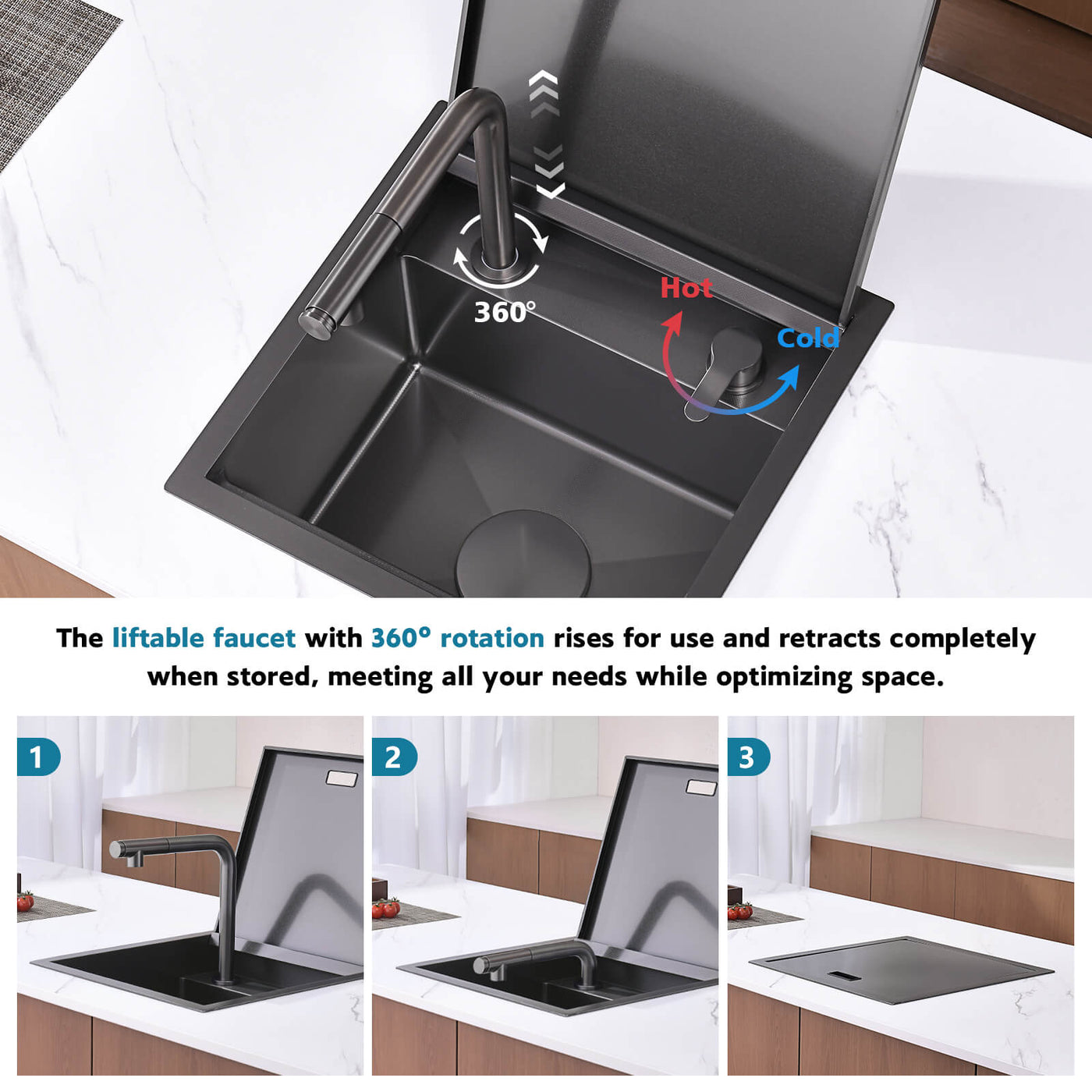 Metora 17"x17" Stainless Steel Concealed RV & Kitchen Bar Workstation Sink with Liftable Pull-Out Faucet and Slow Drop Cover-BS2502