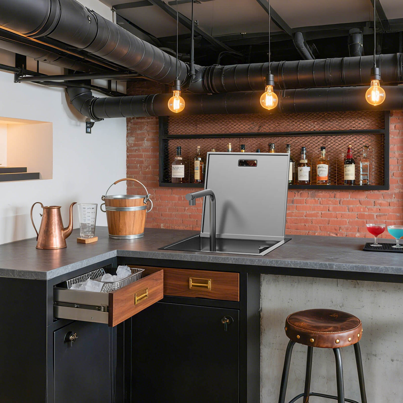 Metora 17"x17" Stainless Steel Concealed RV & Kitchen Bar Workstation Sink with Liftable Pull-Out Faucet and Slow Drop Cover-BS2502