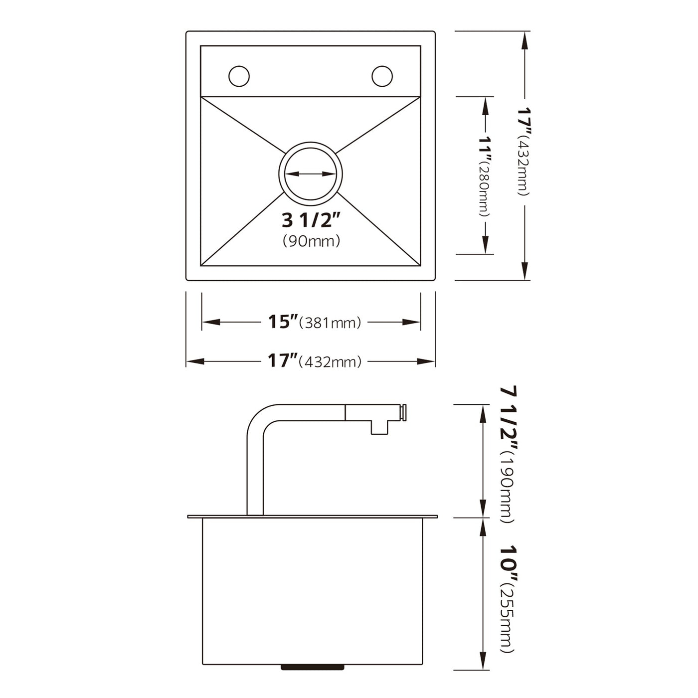 Metora 17"x17" Stainless Steel Concealed RV & Kitchen Bar Workstation Sink with-BS2502 with 1/2 HP Garbage Disposal