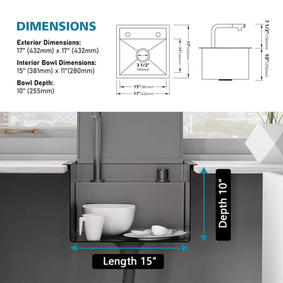 Metora 17"x17" Stainless Steel Concealed RV & Kitchen Bar Workstation Sink with-BS2502 with 1/2 HP Garbage Disposal