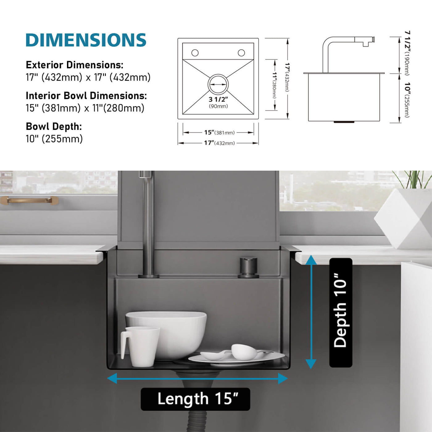 Metora 17"x17" Stainless Steel Concealed RV & Kitchen Bar Workstation Sink with Liftable Pull-Out Faucet and Slow Drop Cover-BS2502
