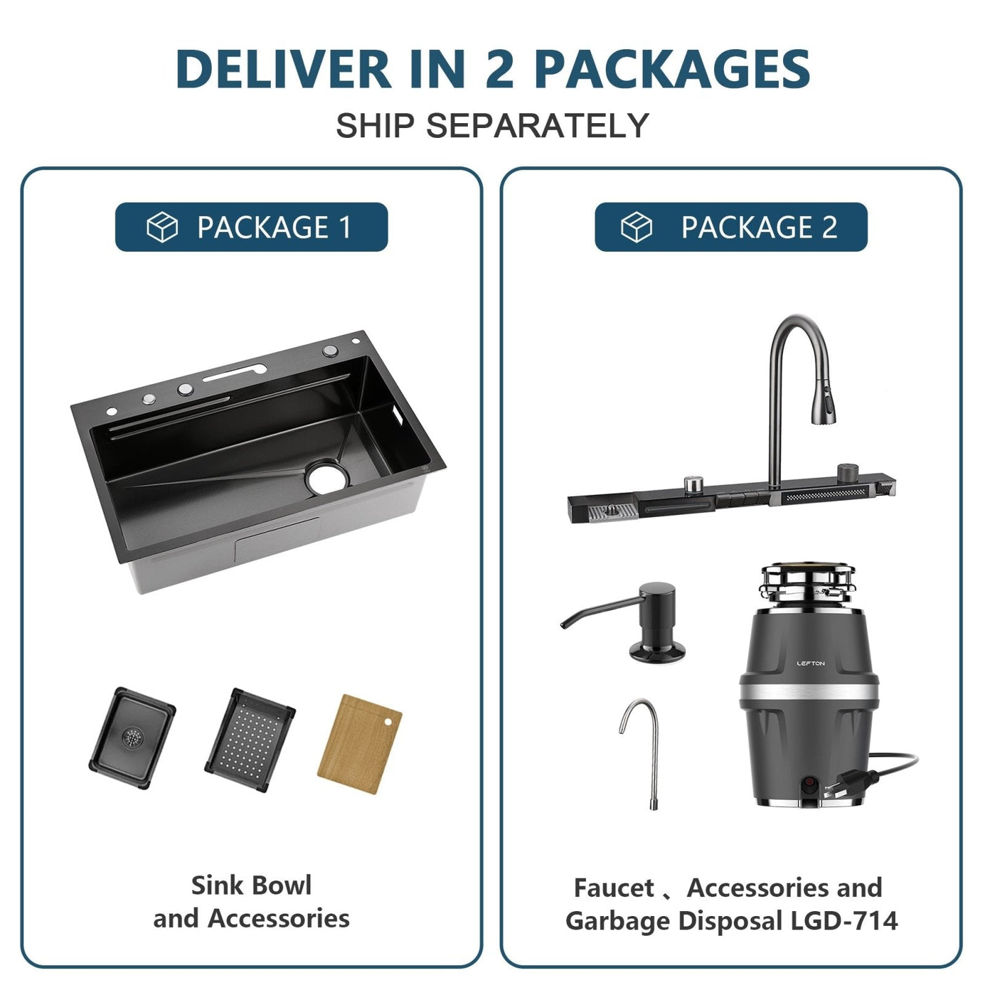 Metora Two Waterfall Faucets Kitchen Sink with Digital Temperature Display-KS2206 with 3/4 HP Garbage Disposal LGD-714