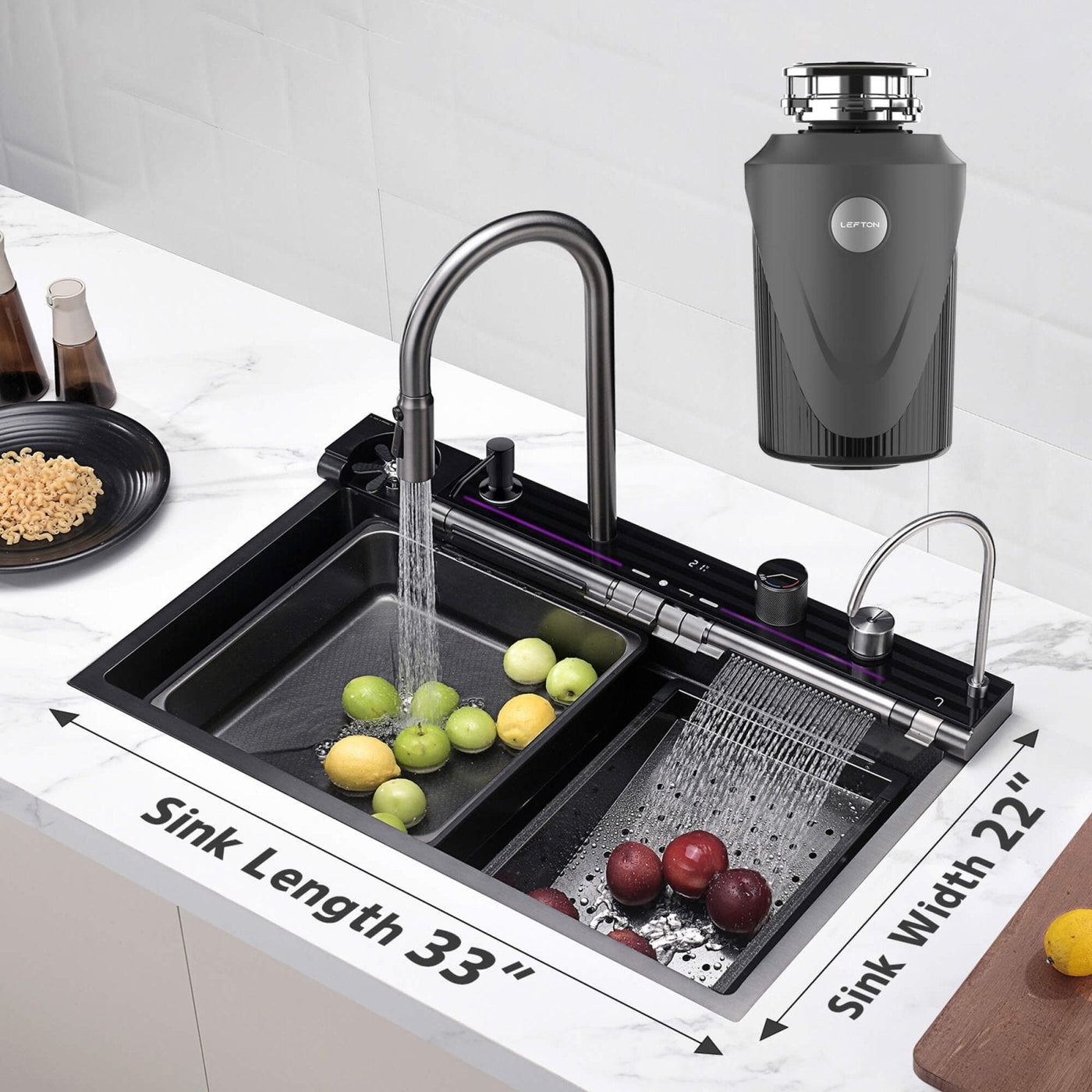 Metora 33x22 Inch Waterfall Faucet Kitchen Sink-KS2207L with 1 HP Garbage Disposals LGD-1010