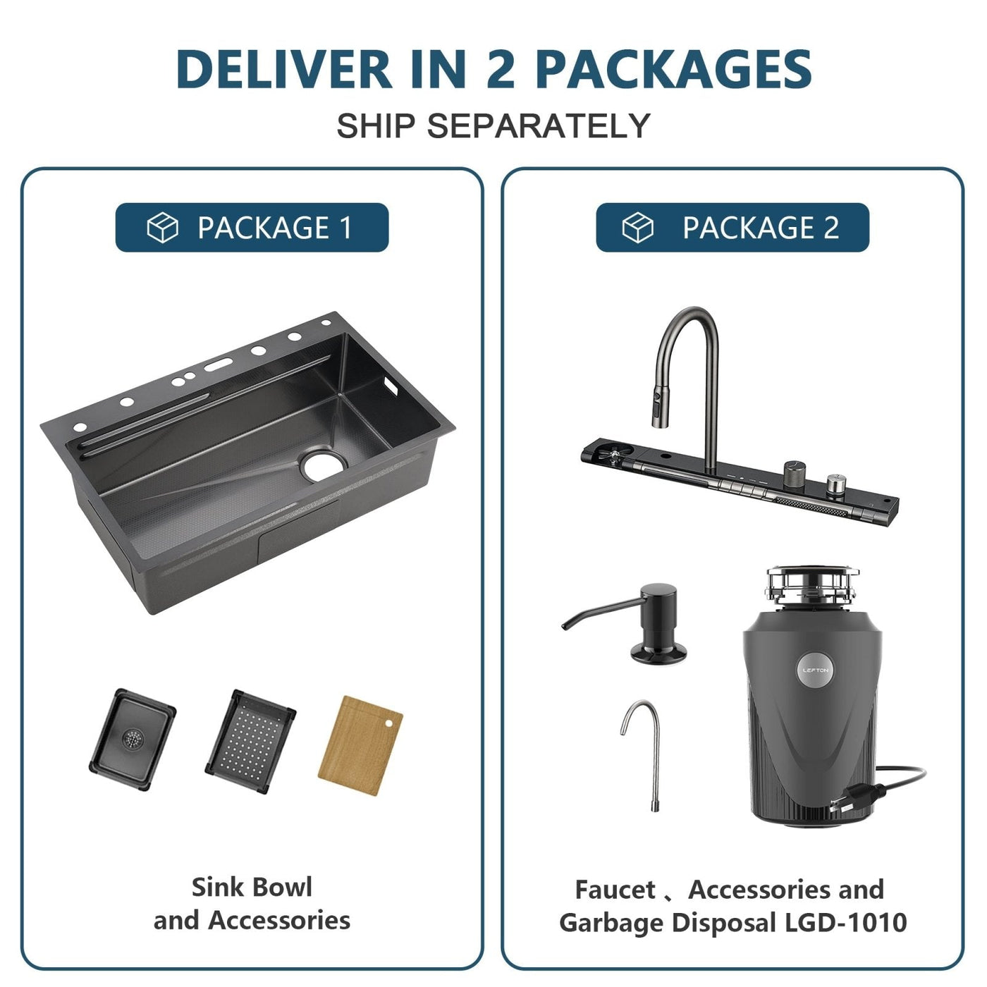 Metora 33x22 Inch Waterfall Faucet Kitchen Sink-KS2207L with 1 HP Garbage Disposals LGD-1010