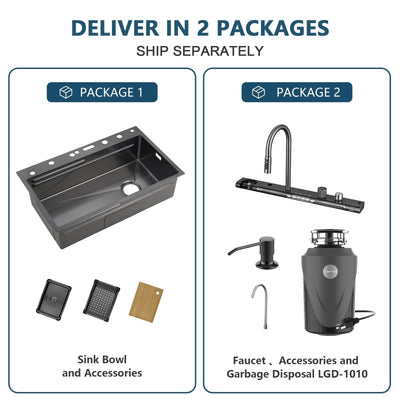 Metora 33x22 Inch Waterfall Faucet Kitchen Sink-KS2207L with 1 HP Garbage Disposals LGD-1010