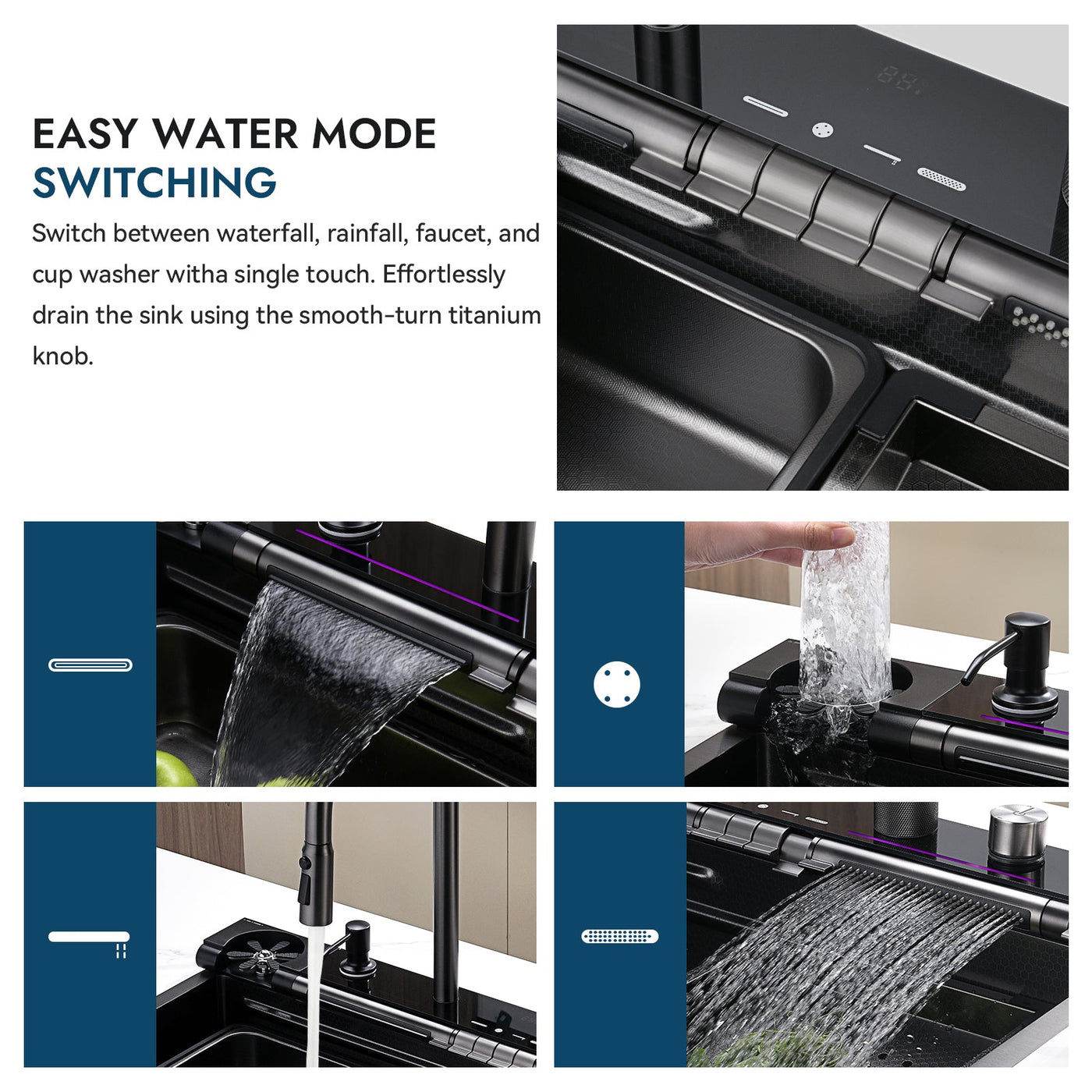 Metora Adjustable Waterfall Faucet Kitchen Sink with Digital Temperature Display & LED Lighting-KS2207