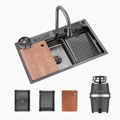 Metora 33x22 Inch Waterfall Workstation Kitchen Sink Set-KS2205L with 3/4 HP Garbage Disposals LGD-714