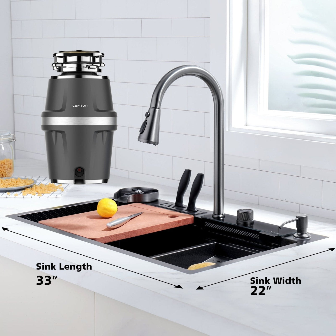 Metora 33x22 Inch Waterfall Workstation Kitchen Sink Set-KS2205L with 3/4 HP Garbage Disposals LGD-714