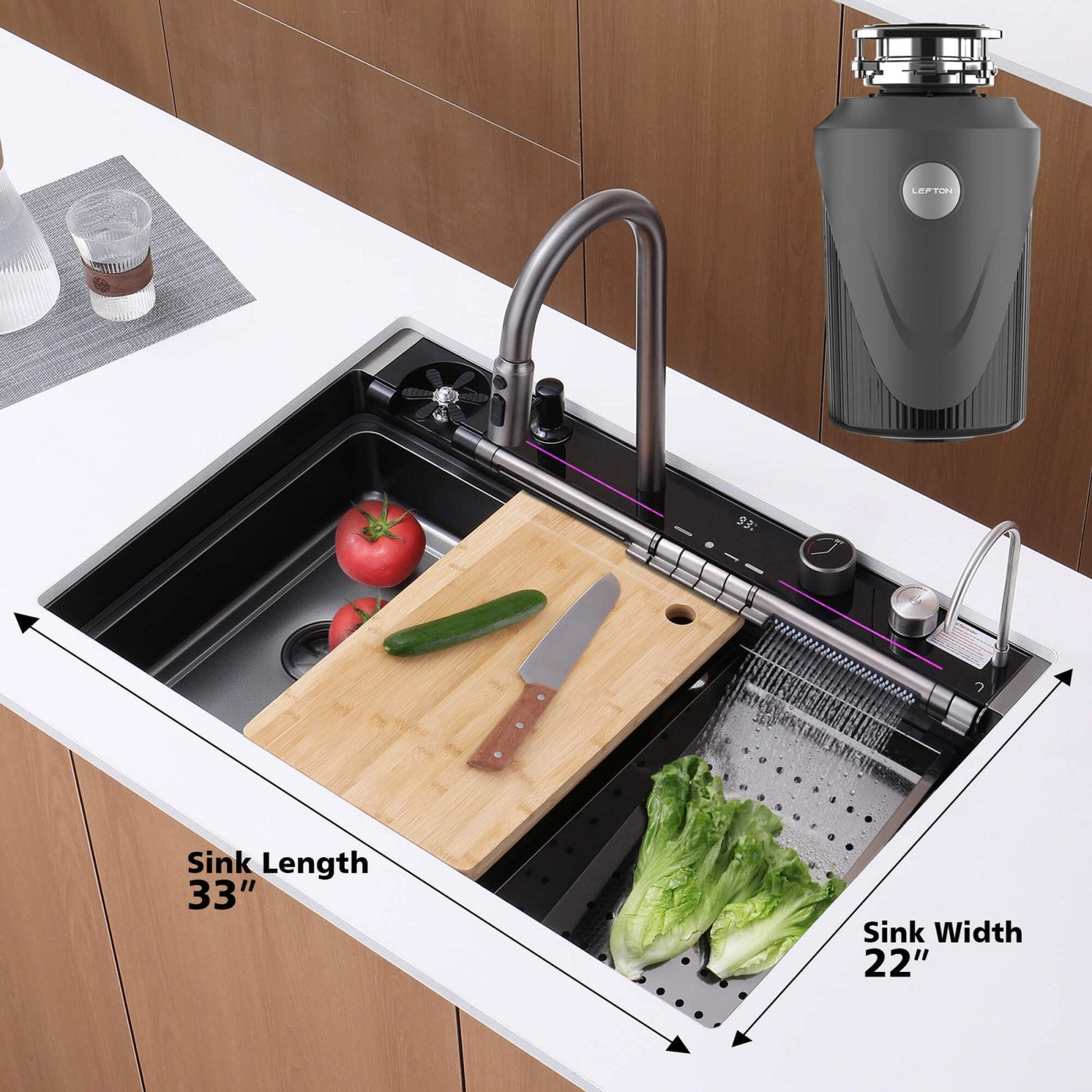 Metora 33"x22" Stainless Steel Workstation Kitchen Sink-KS2207L-PRO with 1 HP Continuous Feed Garbage Disposal with Power Cord-LGD-1010