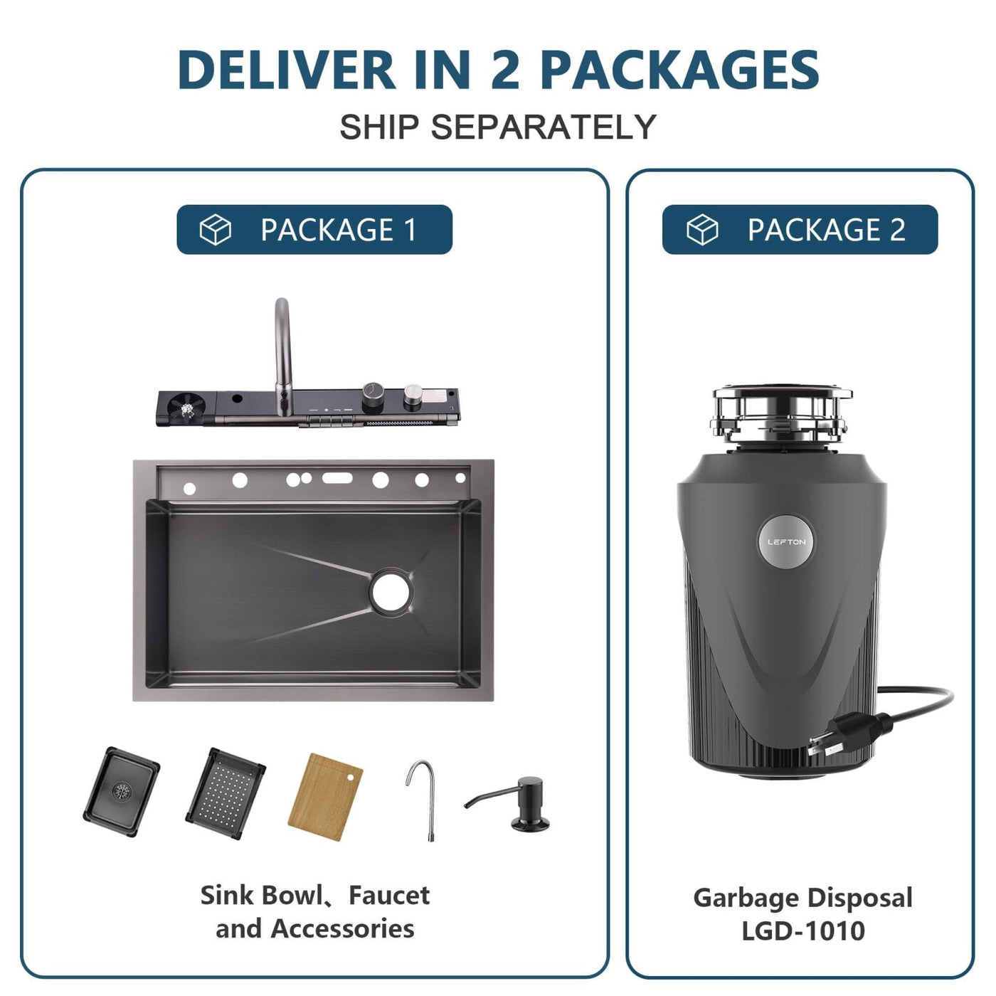 Metora 33"x22" Stainless Steel Workstation Kitchen Sink-KS2207L-PRO with 1 HP Continuous Feed Garbage Disposal with Power Cord-LGD-1010