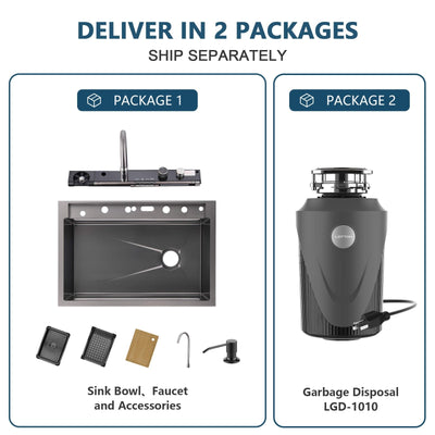 Metora 33"x22" Stainless Steel Workstation Kitchen Sink-KS2207L-PRO with 1 HP Continuous Feed Garbage Disposal with Power Cord-LGD-1010