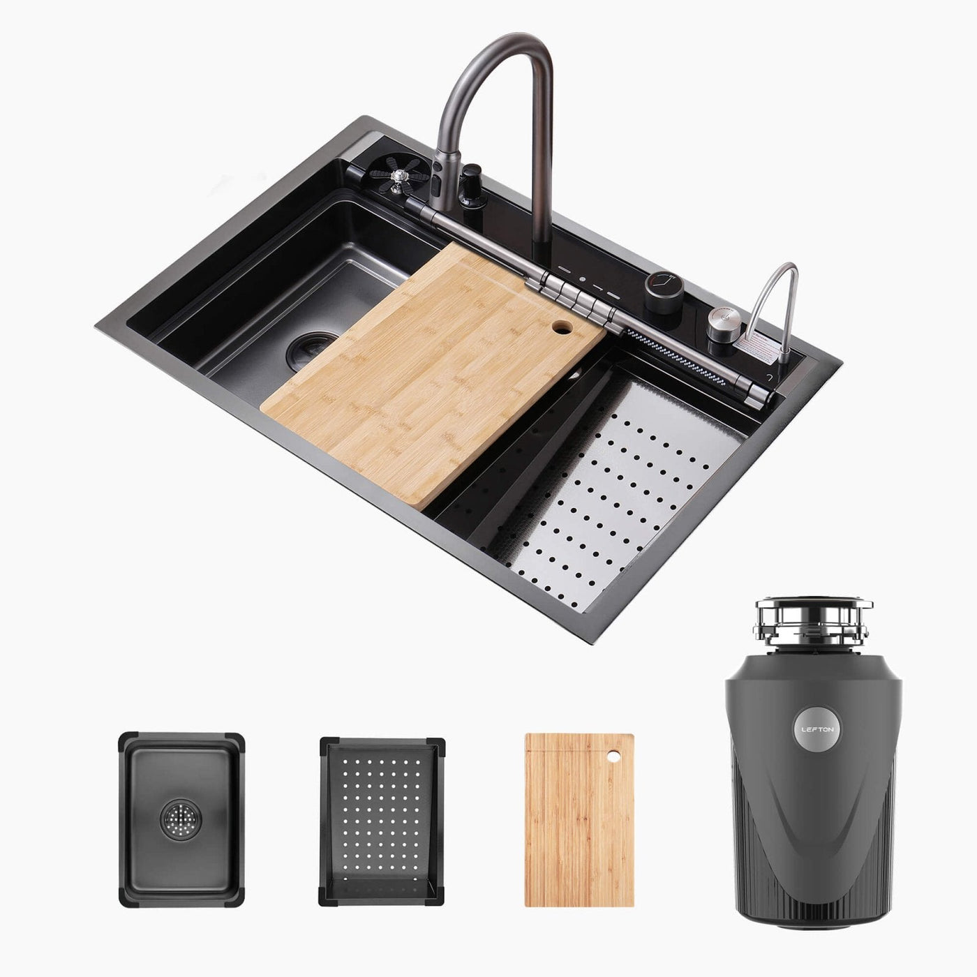 Metora 33"x22" Stainless Steel Workstation Kitchen Sink-KS2207L-PRO with 1 HP Continuous Feed Garbage Disposal with Power Cord-LGD-1010