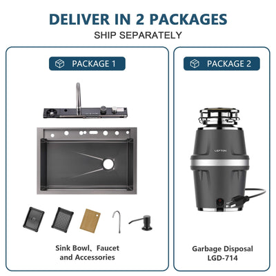 Metora 33"x22" Stainless Steel Workstation Kitchen Sink-KS2207L-PRO with 3/4 HP Continuous Feed Food Waste Garbage Disposal-LGD-714