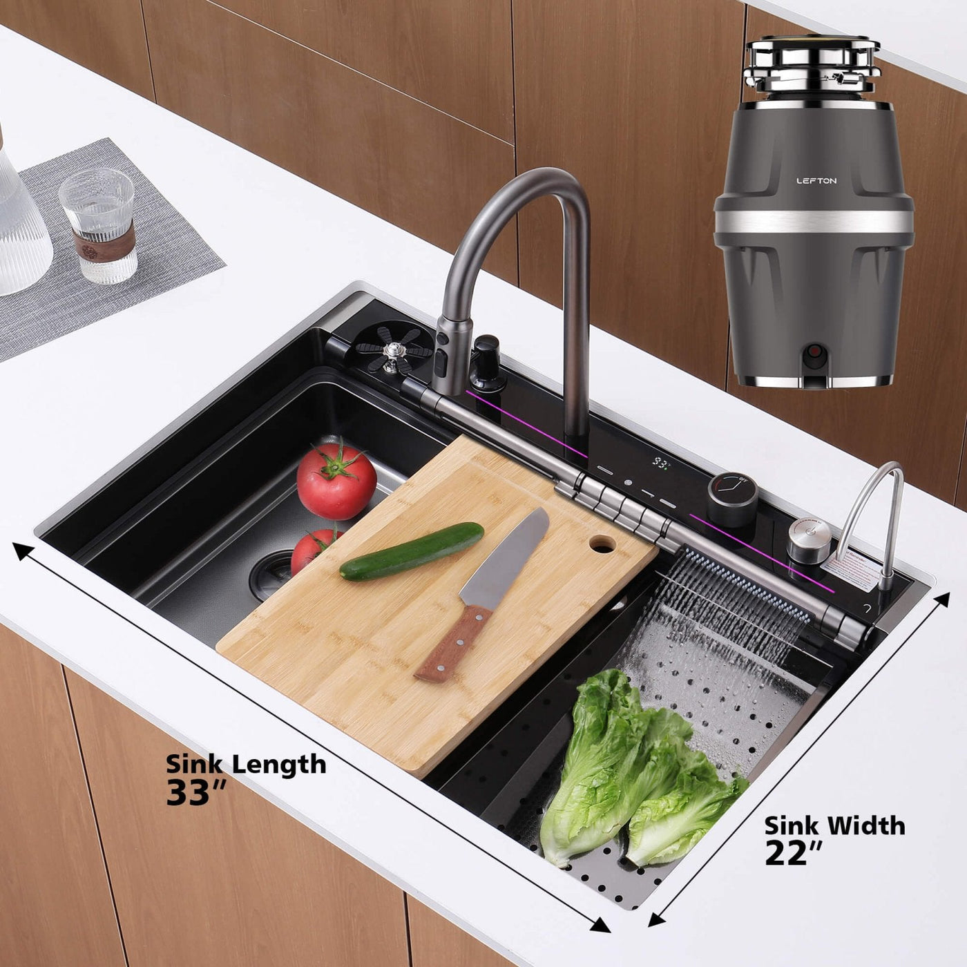 Metora 33"x22" Stainless Steel Workstation Kitchen Sink-KS2207L-PRO with 3/4 HP Continuous Feed Food Waste Garbage Disposal-LGD-714