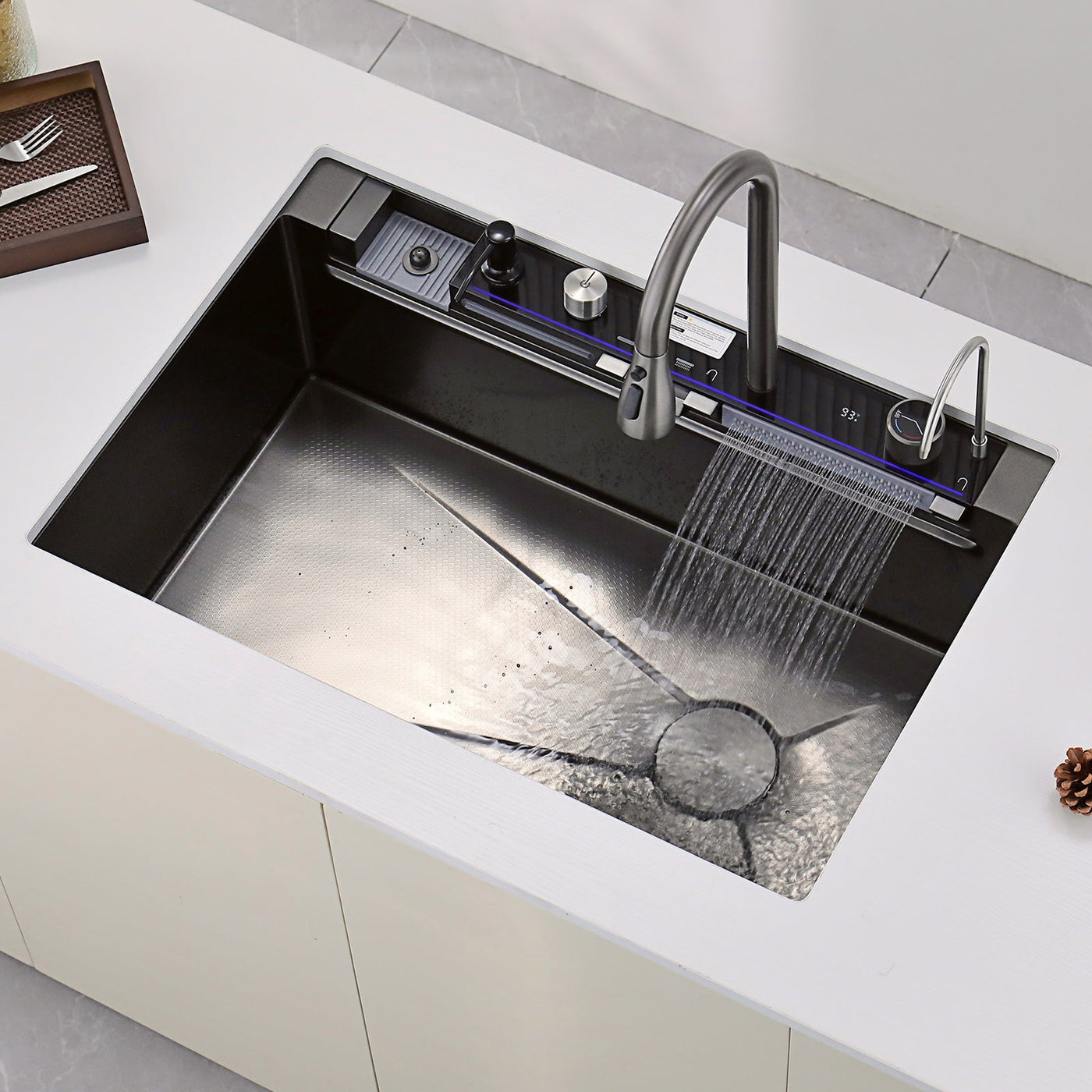 Metora 33"x22" Waterfall Stainless Steel Single Bowl Workstation Kitchen Sink with Digital Temperature Display-KS2206L-PRO