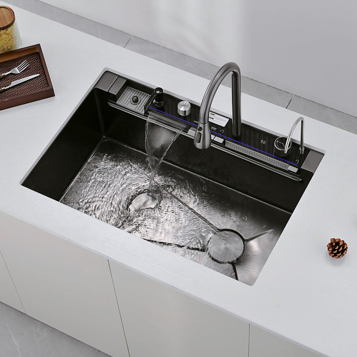 Metora 33"x22" Waterfall Stainless Steel Single Bowl Workstation Kitchen Sink with Digital Temperature Display-KS2206L-PRO