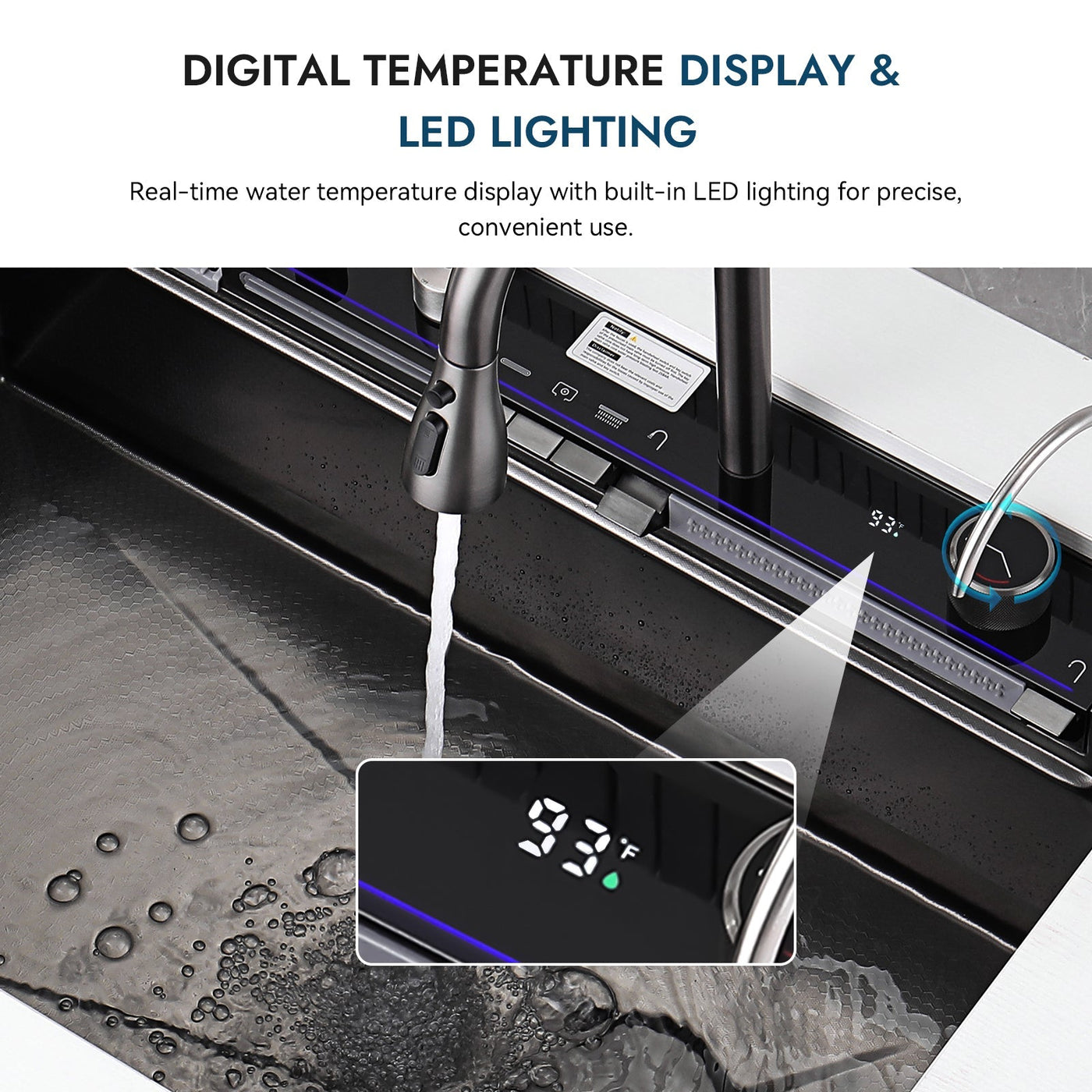 Metora 33"x22" Waterfall Stainless Steel Single Bowl Workstation Kitchen Sink with Digital Temperature Display-KS2206L-PRO with 1 HP Garbage Disposal-LGD-1010