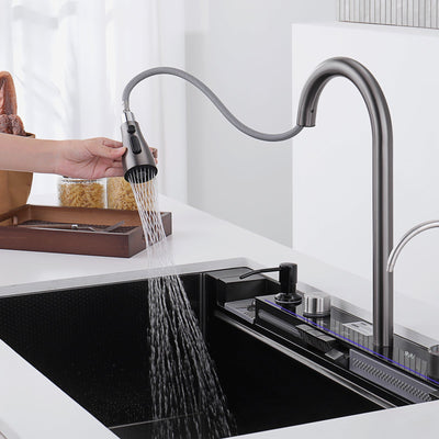 Metora 33"x22" Waterfall Stainless Steel Single Bowl Workstation Kitchen Sink with Digital Temperature Display-KS2206L-PRO with 3/4 HP Garbage Disposal-LGD-714