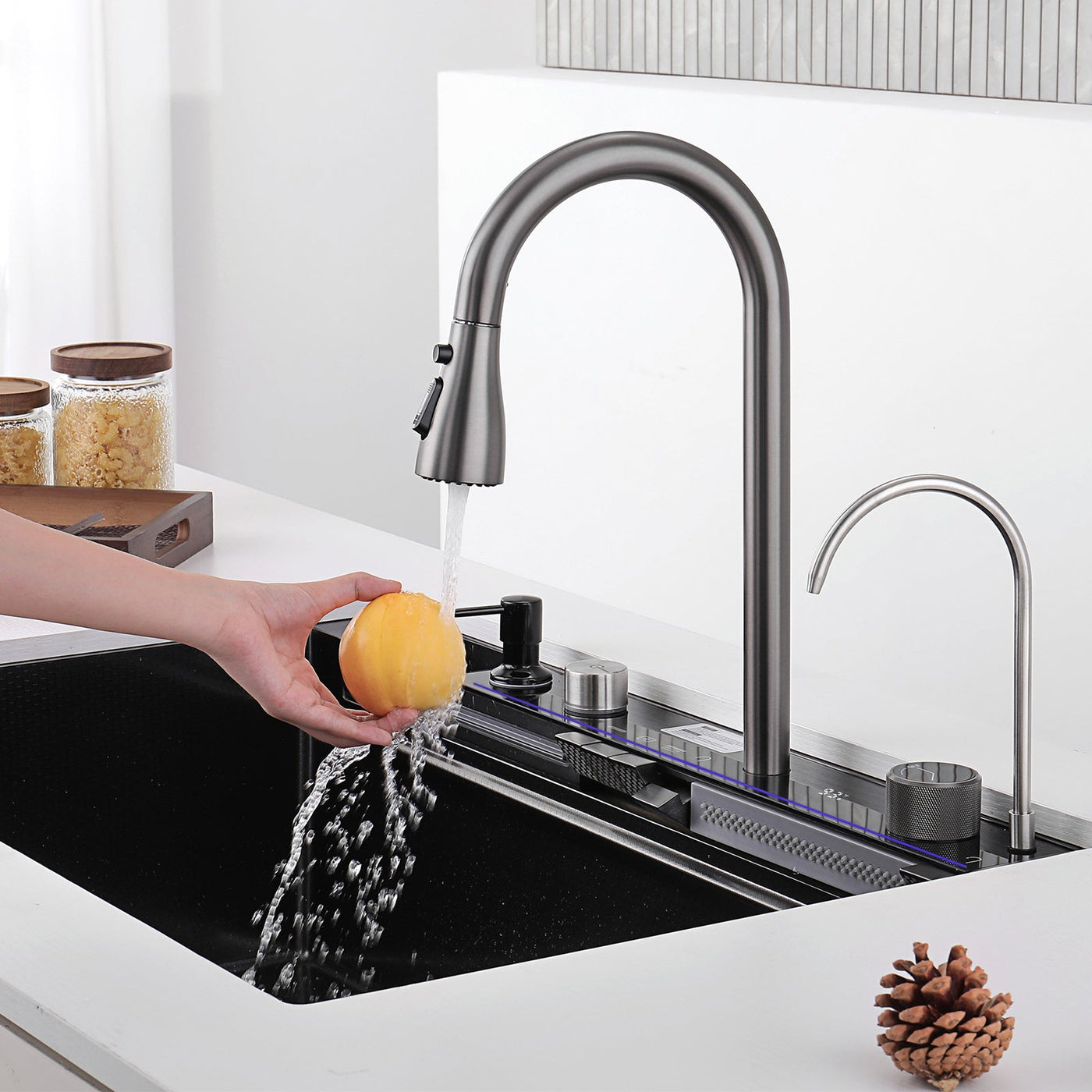 Metora 33"x22" Waterfall Stainless Steel Single Bowl Workstation Kitchen Sink with Digital Temperature Display-KS2206L-PRO