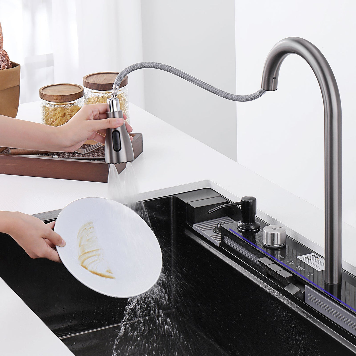 Metora 33"x22" Waterfall Stainless Steel Single Bowl Workstation Kitchen Sink with Digital Temperature Display-KS2206L-PRO