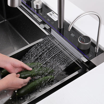 Metora 33"x22" Waterfall Stainless Steel Single Bowl Workstation Kitchen Sink with Digital Temperature Display-KS2206L-PRO with 3/4 HP Garbage Disposal-LGD-714