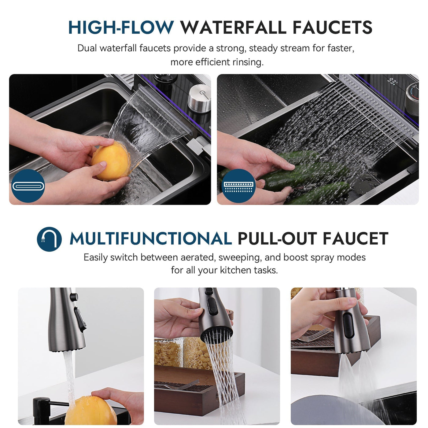 Metora 33"x22" Waterfall Stainless Steel Single Bowl Workstation Kitchen Sink with Digital Temperature Display-KS2206L-PRO with 3/4 HP Garbage Disposal-LGD-714