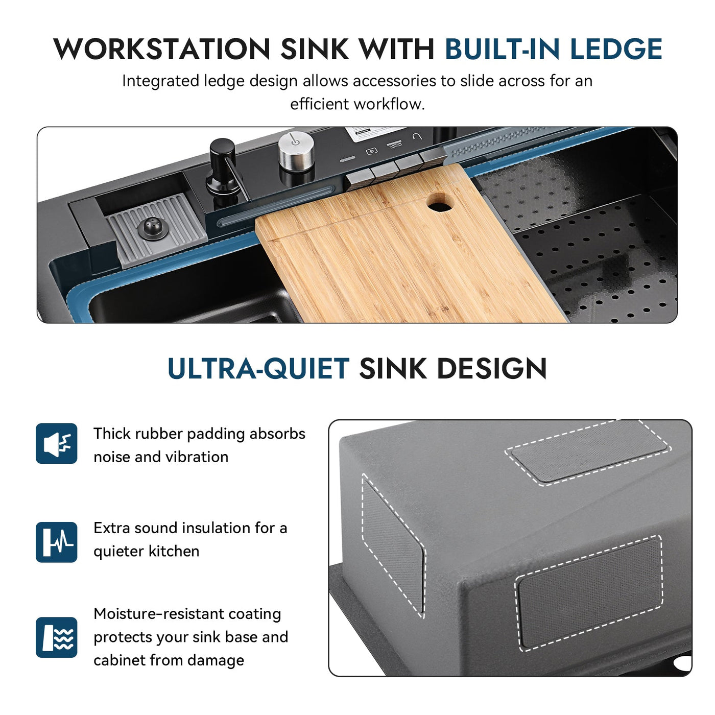 Metora 33"x22" Waterfall Stainless Steel Single Bowl Workstation Kitchen Sink with Digital Temperature Display-KS2206L-PRO with 1 HP Garbage Disposal-LGD-1010