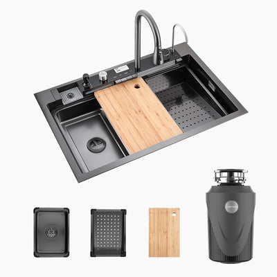 Metora 33"x22" Waterfall Stainless Steel Single Bowl Workstation Kitchen Sink with Digital Temperature Display-KS2206L-PRO with 1 HP Garbage Disposal-LGD-1010