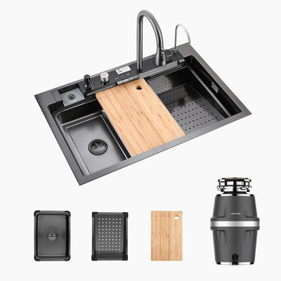 Metora 33"x22" Waterfall Stainless Steel Single Bowl Workstation Kitchen Sink with Digital Temperature Display-KS2206L-PRO with 3/4 HP Garbage Disposal-LGD-714