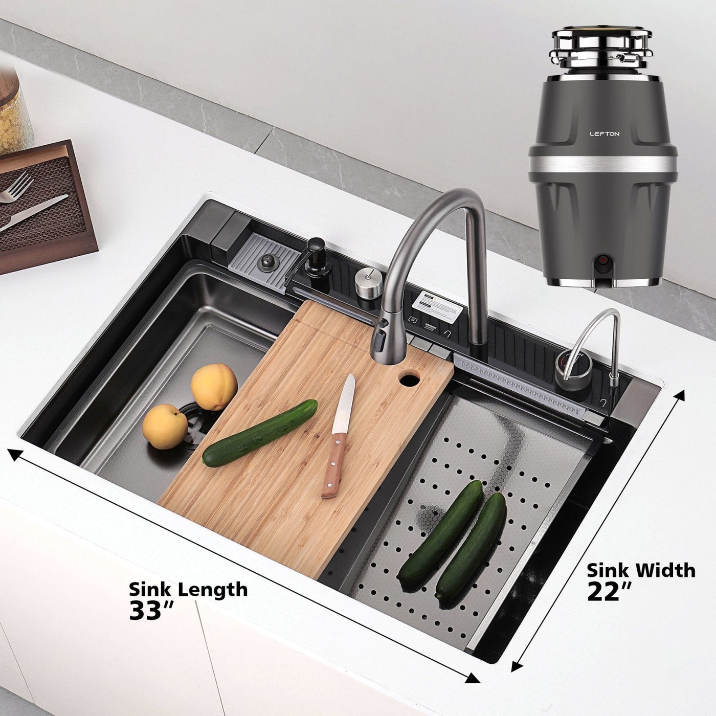 Metora 33"x22" Waterfall Stainless Steel Single Bowl Workstation Kitchen Sink with Digital Temperature Display-KS2206L-PRO with 3/4 HP Garbage Disposal-LGD-714