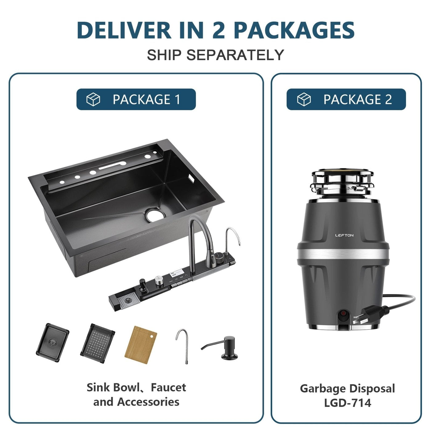 Metora 33"x22" Waterfall Stainless Steel Single Bowl Workstation Kitchen Sink with Digital Temperature Display-KS2206L-PRO with 3/4 HP Garbage Disposal-LGD-714