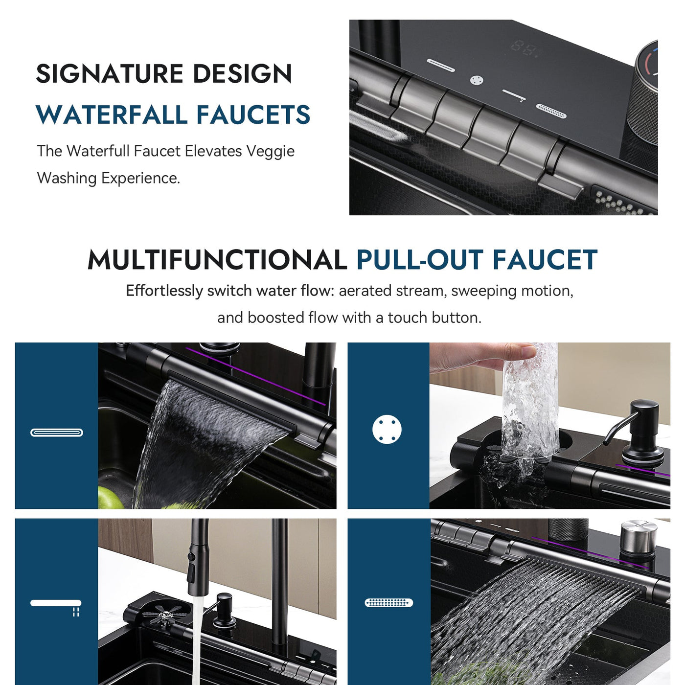 Metora 33x22 Inch Waterfall Faucet Kitchen Sink-KS2207L with 1 HP Garbage Disposals LGD-1010