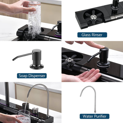 Metora Adjustable Waterfall Faucet Kitchen Sink with Digital Temperature Display & LED Lighting-KS2207