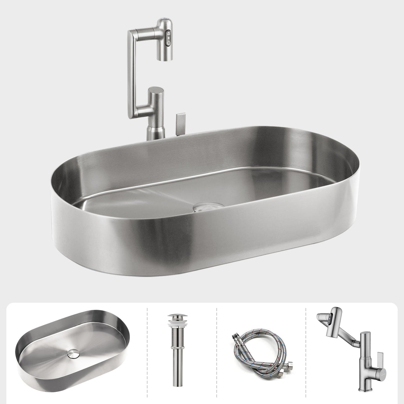 Metora Modern Stainless Steel Oval Above Counter Bathroom Vessel Sink-BVS2403 with Single-Hole Rotatable Faucet-BF2204