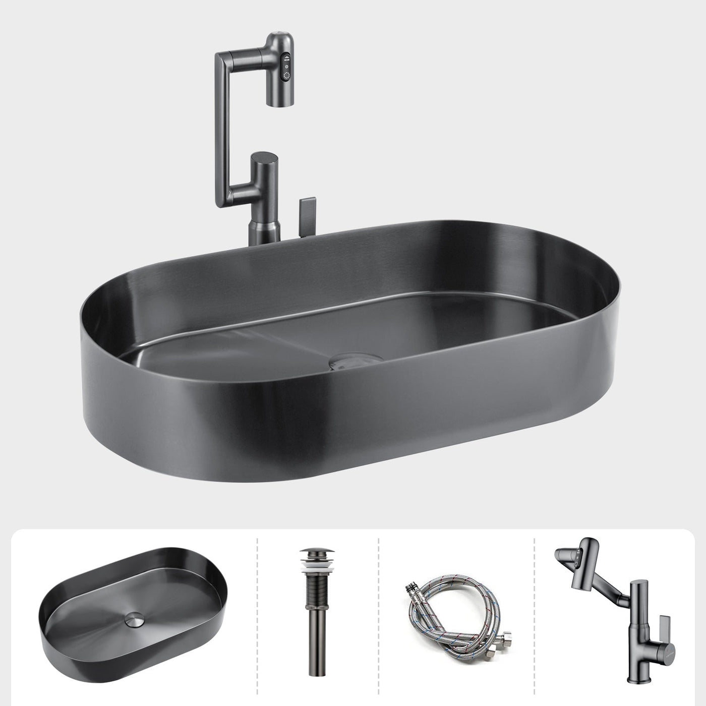 Metora Modern Stainless Steel Oval Above Counter Bathroom Vessel Sink-BVS2403 with Single-Hole Rotatable Faucet-BF2204