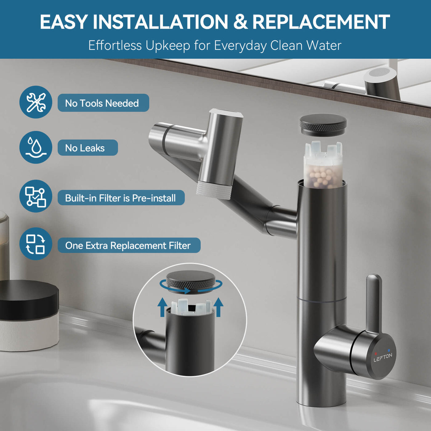 Metora Single-Hand 1080° Rotating Bathroom Built-in Filter Faucet With Temperature Display-BPF01